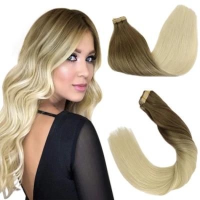 Tape in Hair Extensions 16 Inch Ombre Ash Brown to Platinum Blonde Real Hair Extensions Human Hair 20PCS 50g Remy Hair Extensions Straight