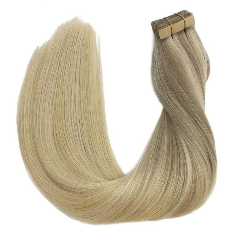 Human Hair Extensions Tape in 16 Inch Balayage Ash Blonde to Golden Blonde and Platinum Blonde Real Tape in Hair Extensions 20PCS 50g Remy Human Hair Extensions