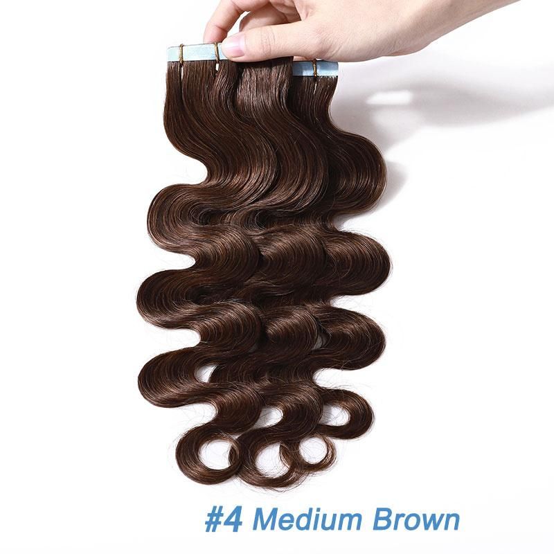 12"-24" 2.5g/PC Remy Human Hair Body Wave Tape in Hair Extensions Adhesive Seamless Hair Weft Blonde Hair 20PC (#4 Medium Brown)