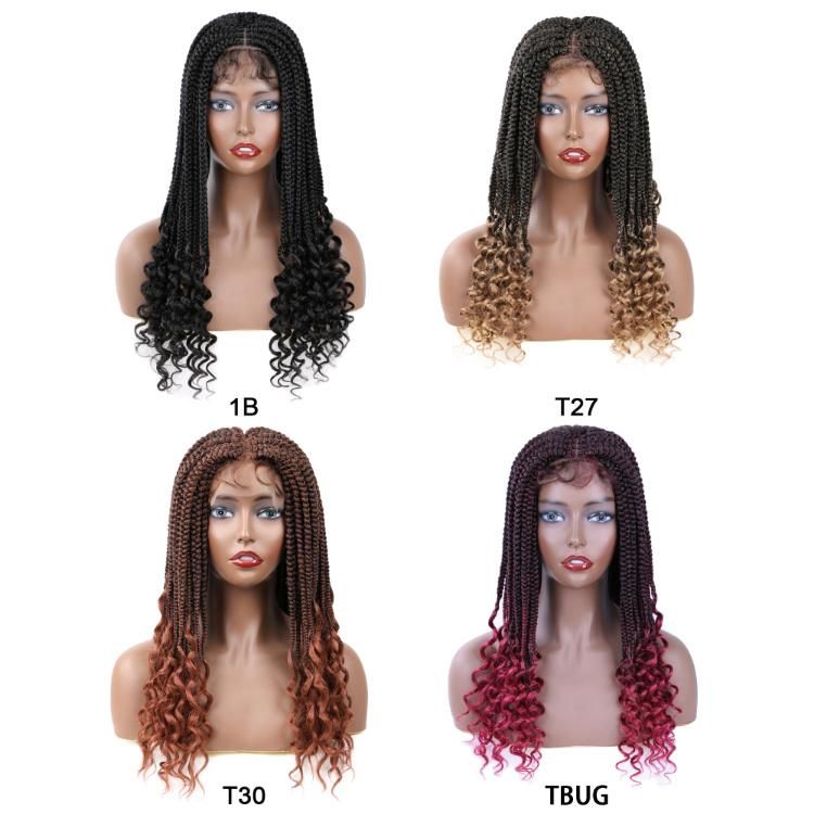 18inch Long Curly Heat Resistant Natural Full Handmade 4X4 Lace Front Synthetic Braids Wig