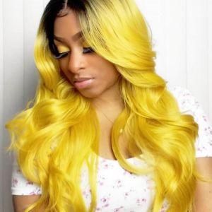 Fashion Yellow Human Hair Wigs Black Roots Yellow Lace Front Wig Ombre Yellow Lace Wigs for Girl