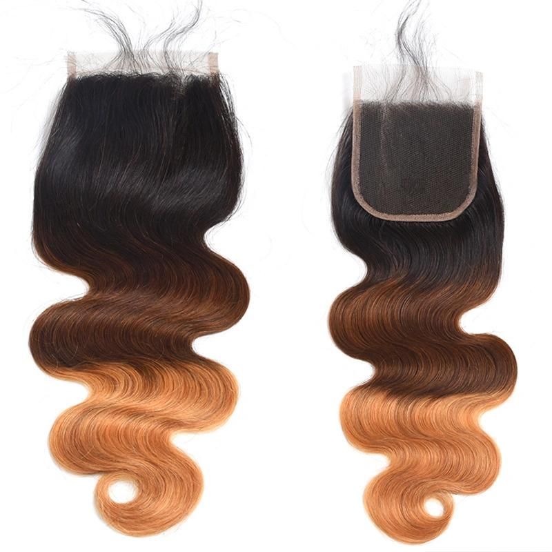 10A Ombre Body Wave Human Hair Bundles with 4X4 Lace Closure Remy Hair Extension Brown and Black T1b/4/27 for Sexy Women 26" Size