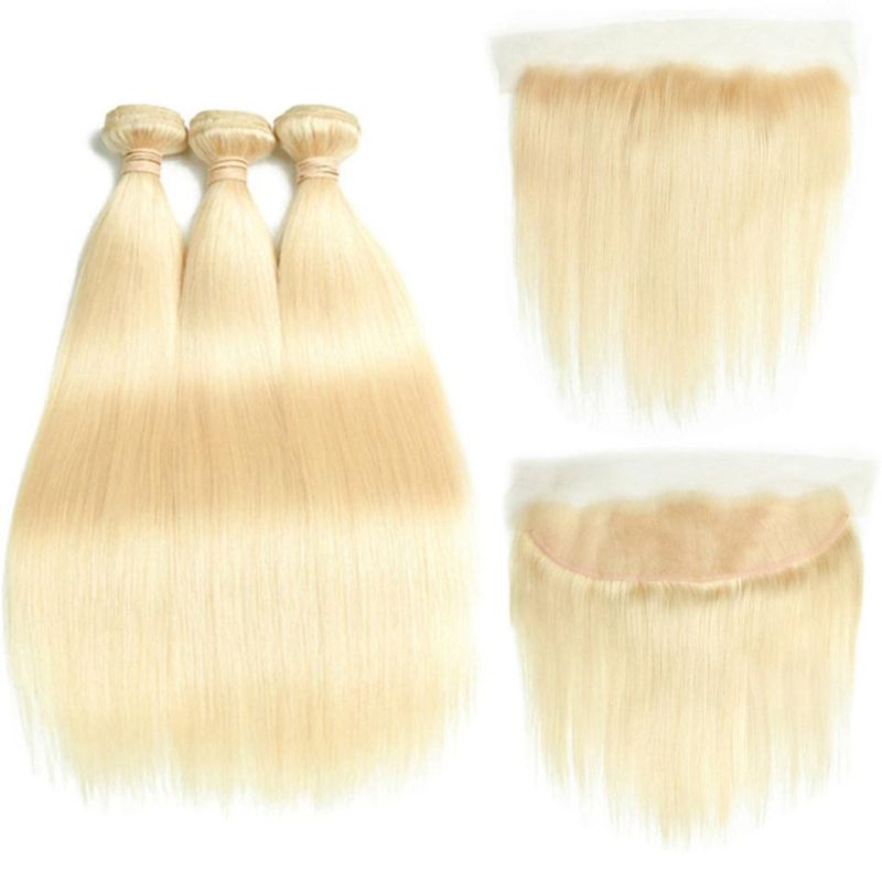 613 Human Blonde Straight Hair 3 Bundles with 13X4 Lace Frontal
