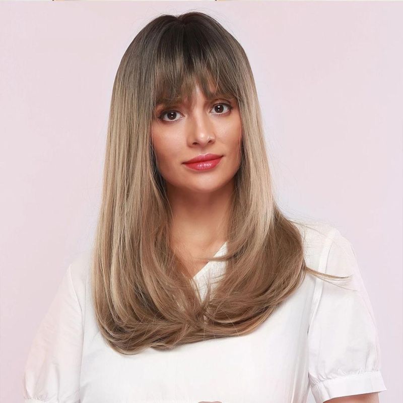 Long Natural Wave Brazilian Wig Black Light Brown Ombre Lace Front Hair Wig with Closure Bangs for Black White Women Daily Use Fluffy Wigs 22 Inch