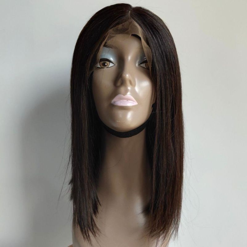 13*4 Front Lace Natural Black Color Brazilian Human Hair Bob Wig with Silk Base and Clips