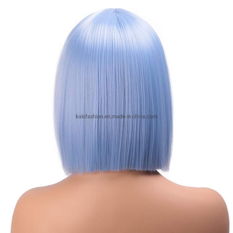 Kakiifashion Hair Blue Color Wholesale Heat Resistant Short Bob Silly Straight Synthetic Hair Wigs