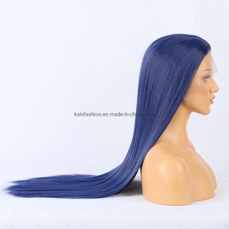 Cosplay Europe American Hot Selling Long Straight Dark Blue Synthetic Lace Frontal Wig