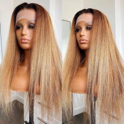Ombre Honey Blonde Coarse Yaki Kinky Straight Lace Front Wig 13X2 HD Lace Frontal Wig Full Human Hair 30 Inches 150% Pre Plucked