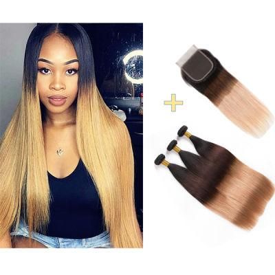 Brazilian Ombre Bundles with Closure Straight Human Hair 3 Bundles 10A Grade Virgin Human Hair Weave with Free Part Lace Closure T1b/4/27