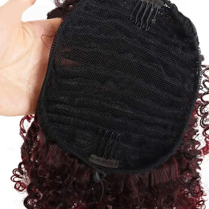 8inch Short Afro Curly Ombre Red Wine Color Synthetic Clip in Hair Extension Stretch Mesh Ponytail