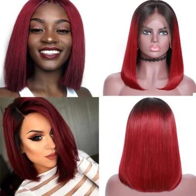 13X4 Short Bob Lace Front Wig Human Hair 150% Density Ombre Color T1b/Red