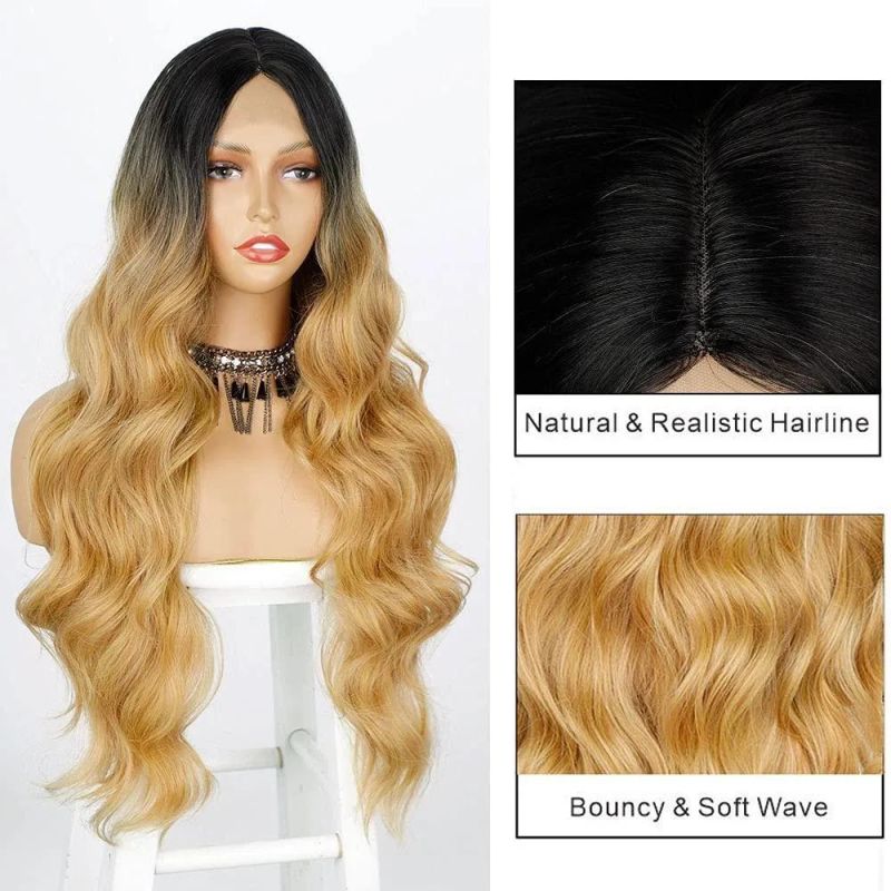 Long Wavy Wig for Women Middle Part Lace Front Wigs Ombre Blonde Body Wave Synthetic Hair