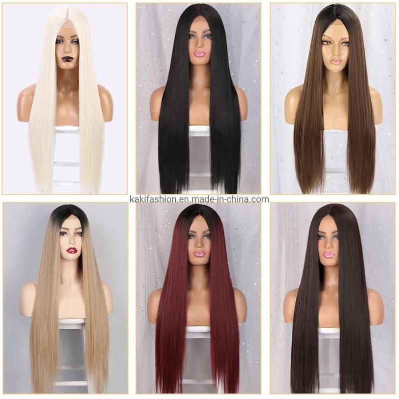 Cheap Long Silky Straight Wave Ombre Brown Middle Part Lace Front Synthetic Hair Wigs