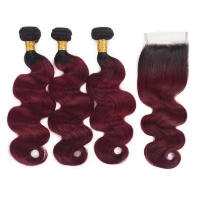Ombre Burgundy Brazilian Body Wave 3 Bundles with Lace Closure