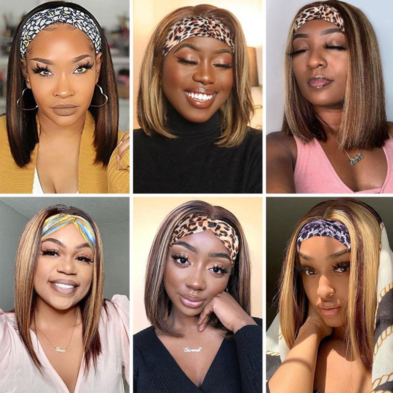 Highlight Wig Human Hair Brazilian Straight Headband Wigs Soft Bone Straight Bob Wig Brown Colored Human Hair Wigs for Women 12 Inches