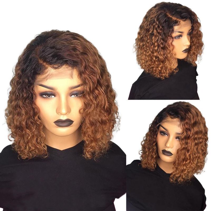 Brown 1b 27 Ombre Color Short Kinky Curly 100% Human Hair Lace Front Bob Wigs, HD Lace Frontal Curly Bob Wig with Highlights