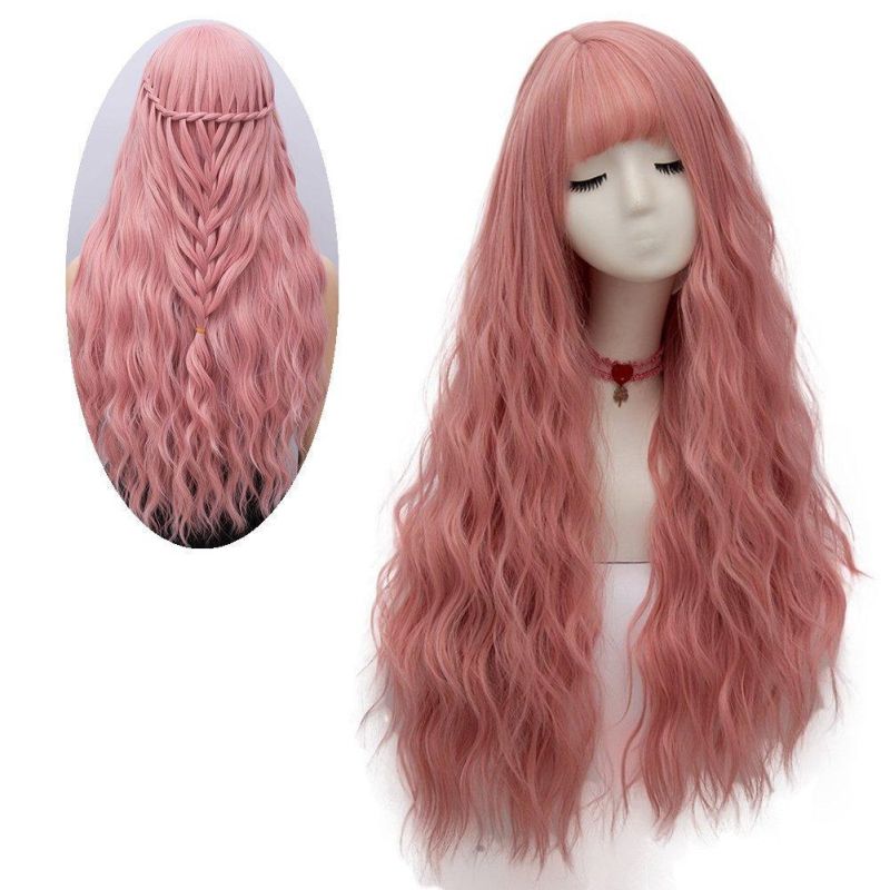 Pink Wig Long Fluffy Curly Wavy Hair Wigs for Girl Heat Friendly Synthetic Wigs