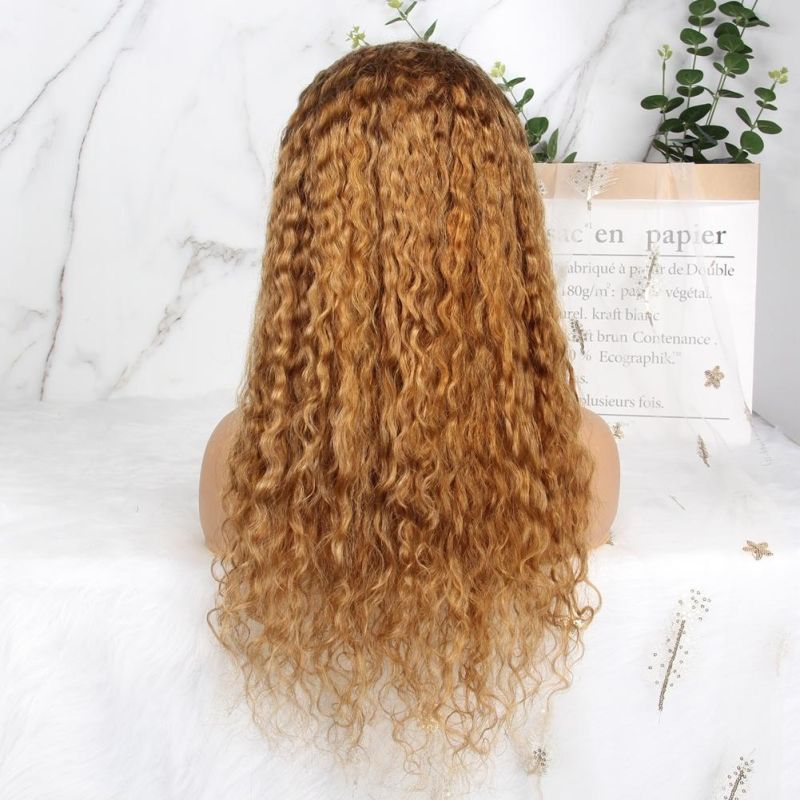 Jerry Curly Human Hair Wigs with Bangs Full Machine Made Wigs Highlight Honey Blonde Colored Wigs for Women Peruvian Remy Hair