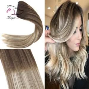 Clip in Hair Extension Human Hair Ombre #4 Dark Brown Mix #6 Medium Brown Fading to #22 Medium Blonde Full Head for 7PCS/120g