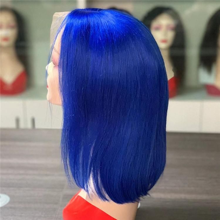 Fast Delivery 13*4 Frontal Blue Colour Human Hair Wigs Bob Blue Wig 180 Density Wig