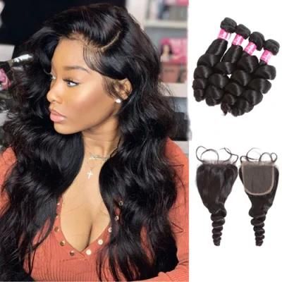 Kbeth Deep Loose Wave Bundles with Lace Closure 100% Raw Unprocessed Virgin Cuticle Aligned Human Hair Extensions Peruvian Hair