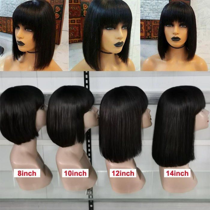 100% Natural Black Short Bob Wig with Bangs for Black Women, Brazilian Virgin Remy Straight Human Hair Fringe Bob Style Cut Wig