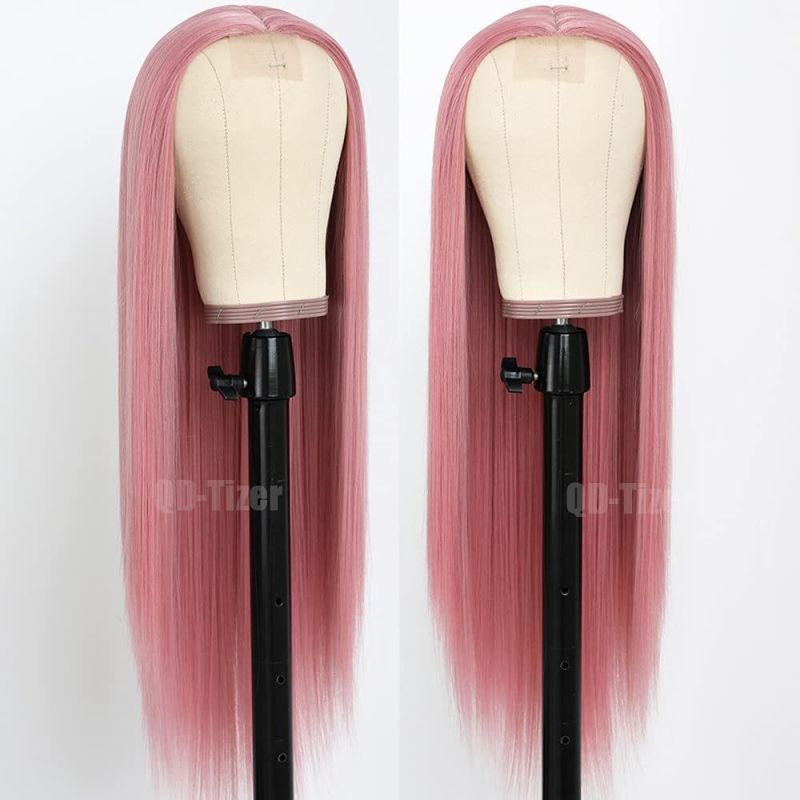 Lace Front Wigs, Long Straight Hair Peachpink Color Glueless Heat Resistant Fiber Hair Synthetic Lace Front Wigs