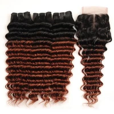 Ombre Peruvian Deep Wave 3 Bundles with Closure 1b 33 Human Hair Weave with Closure Non Remy Two Tone Dark Brown