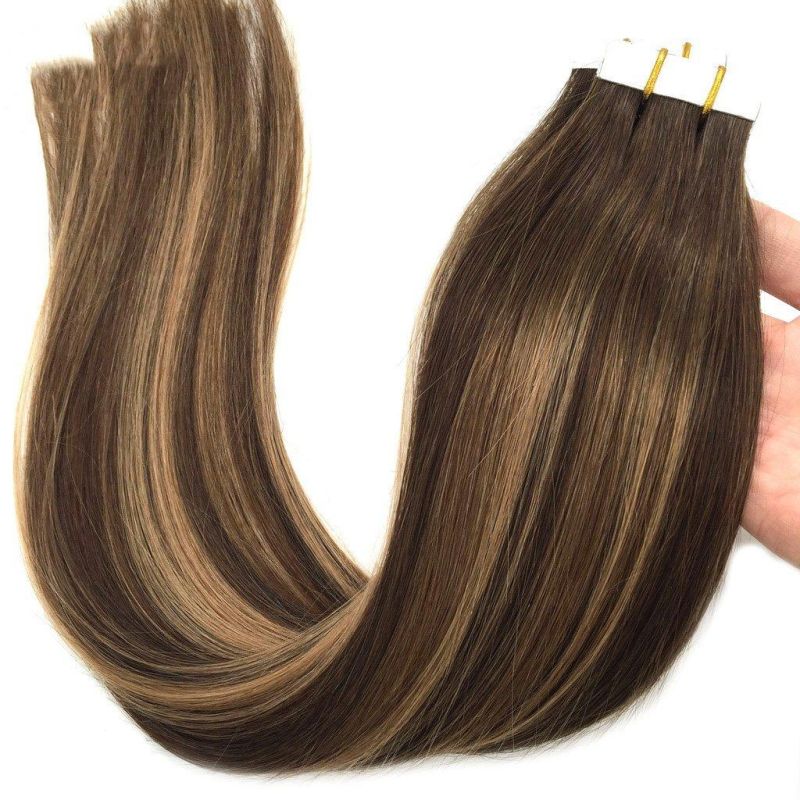 20PCS 50g Human Hair Extensions Tape in Ombre Chocolate Brown to Caramel Blonde Natural Hair Extensions Tape in Real Hair Straight 18 Inch