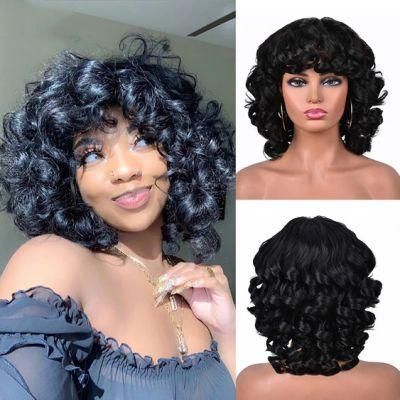 Brazilian Human Hair Short Hair Afro Curly Wig with Bangs Loose Fluffy Shoulder Length Natural Lace Front Wigs for Black Women 14&quot;
