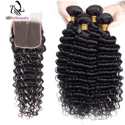 10A Grade Deep Wave Virgin Human Hair Bundles with Lace Closure