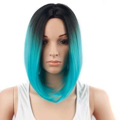Cheap 14inch Short Silky Straight Ombre Blue Heat Resistant Fiber Synthetic Wigs
