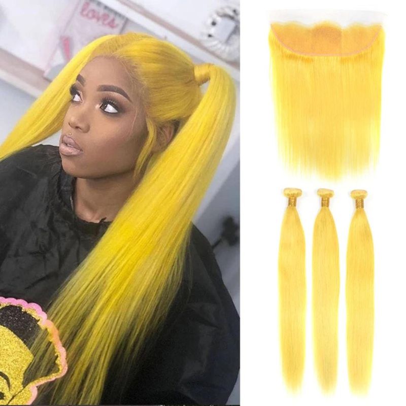 Yellow Brazilian Straight Human Hair Bundles with 13X4 Lace Frontal 8-30 Inch Remy Human Hair Extensions with Baby Hair for Woman