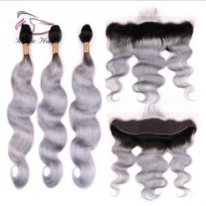 Body Wave Ombre Color T1b/Grey T1b/Gray T1b/Sliver 3pieces Bundles with 1piece 13*4 Frontal 10-20inches Human Hair Extension
