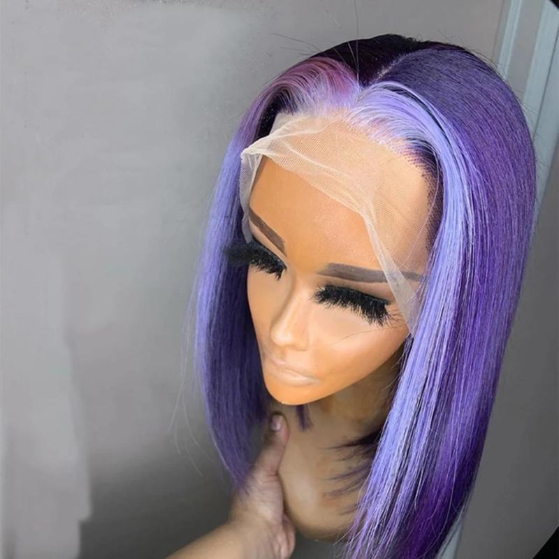 13X4 Lace Part Human Hair Wigs Silky Straight Light Purple Color Bob Wig for Black Women Pre Plucked with Baby Hair 12 Inches