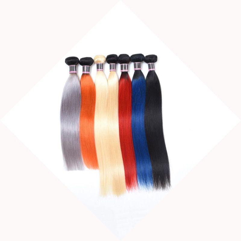 Red/Blue/Grey/Orange/613 Blonde Color Peruvian Straight Remy Hair Extensions Human Hair Bundles 10-30 Inches