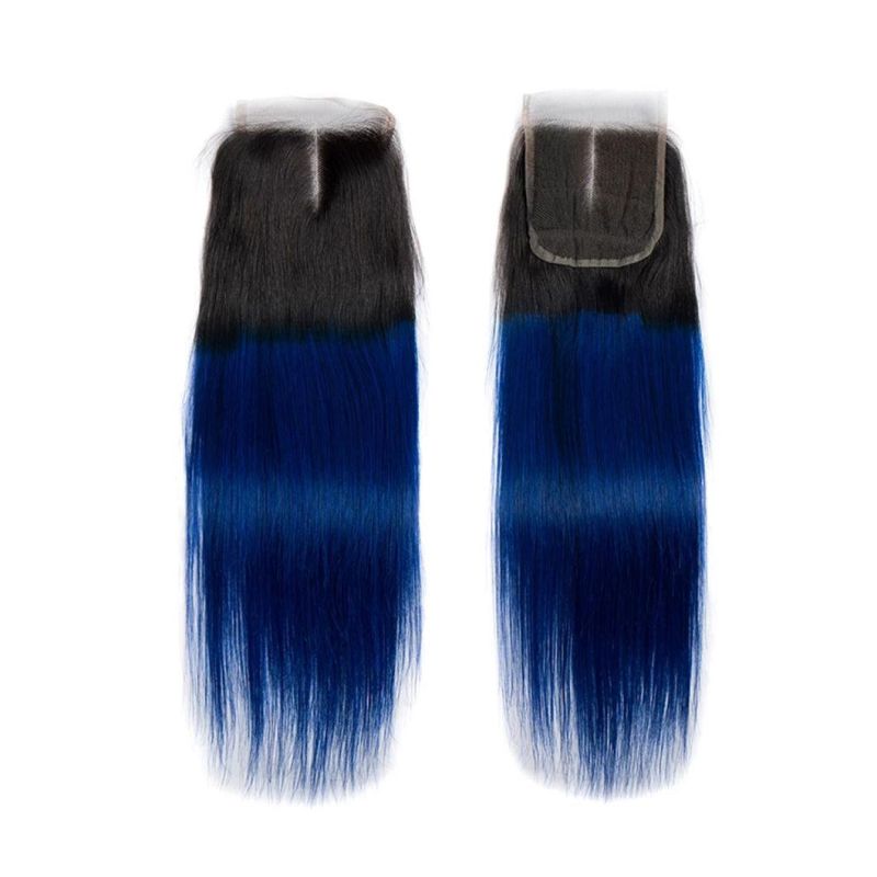 Straight Ombre Hair Bundles with Closure Blue Brazilian Human Hair Weave Bundles with Closure Remy Hair