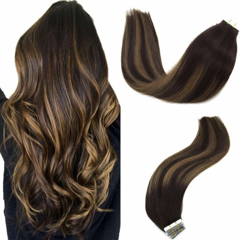 Hair Extensions Tape in Ombre Dark Brown to Chestnut Brown Balayage Real Remy Human Hair Extensions Tape in Natural Hair 20PCS 50g 14 Inch