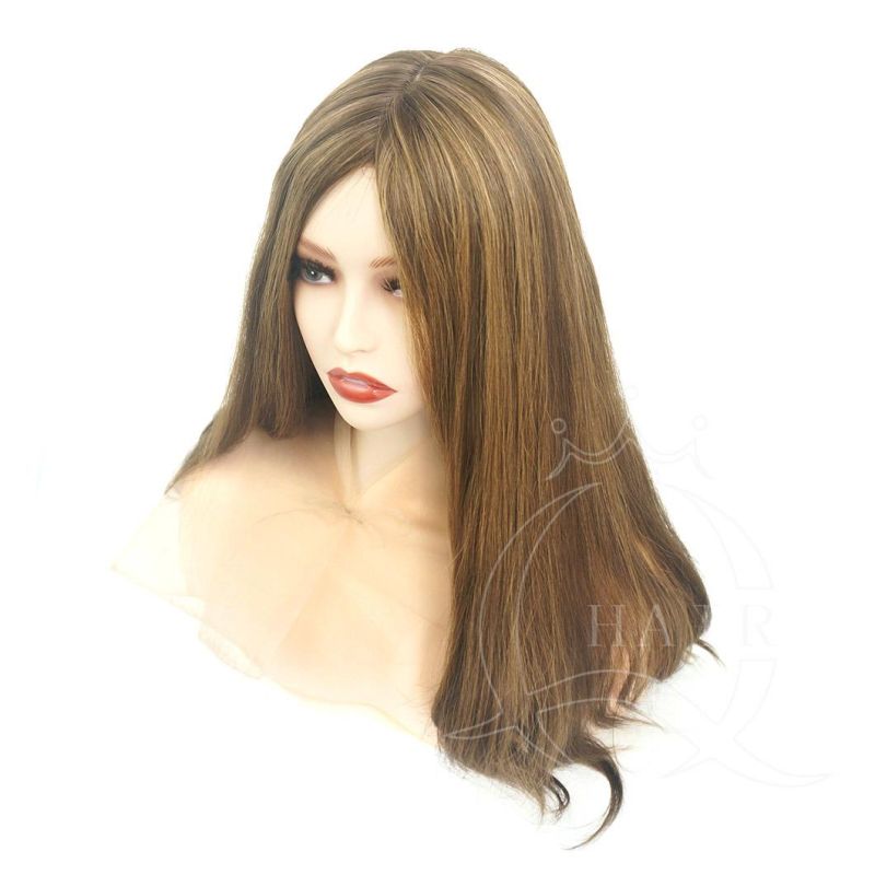 Big Layer Dark Brown Color Wig with Highlight Color Human Hair Wig Custom Wig for Israel Jewish Hasidic Women Kosher Wig Skin Top Wig Front Lace Can Be Adjust