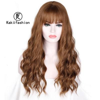 Heat Resistant Synthetic Fiber Long Wigs Kinky Curly Mix Brown Long Wavy Wig with Bangs for Women