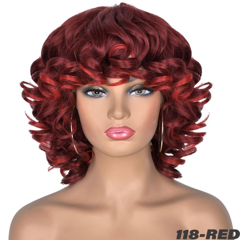Brazilian Human Hair Short Hair Afro Curly Wig with Bangs Loose Fluffy Shoulder Length Natural Lace Front Wigs for Black Women 14 Inches