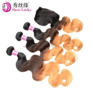 Best Quality Unprocessed Ombre Three Tone 1b/4/27 Peruvian Virgin Human Hair Body Wave with Lace Closure