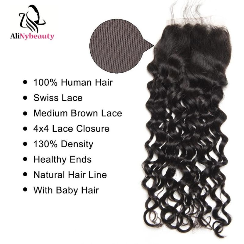 Alinybeauty 10A Water Wave Closure, 4 by 4 Hair Closure Wholesale Price Overnight Shipping