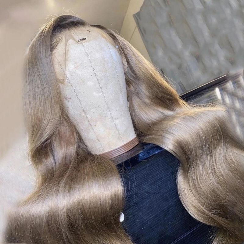 Long Ombre Light Ash Brown Blonde Wavy Wig Human Hair Wig for Women 150 Density T Lace Part Wig Remy Brazilian