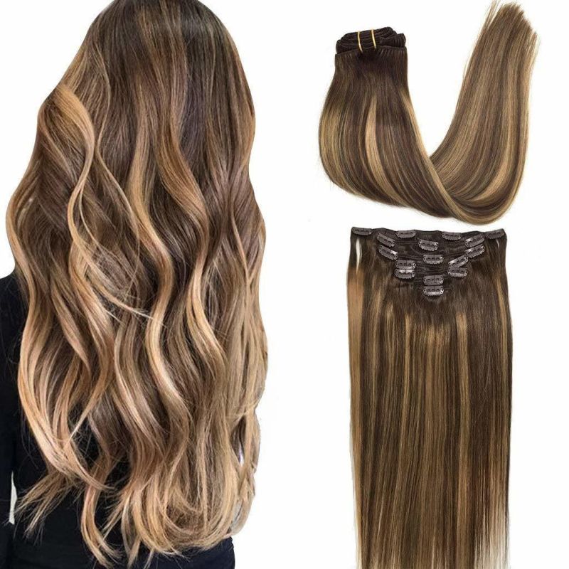 24 Inch Clip in Hair Extensions Ombre Chocolate Brown to Caramel Blonde Remy Clip in Human Hair Extensions Straight Real Natural Hair Extensions 120g 7PCS