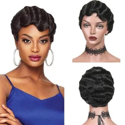 Human Hair Finger Wave Wigs for Women Mommy Wigs Glueless Short Curly Human Hair Wigs Natural Black