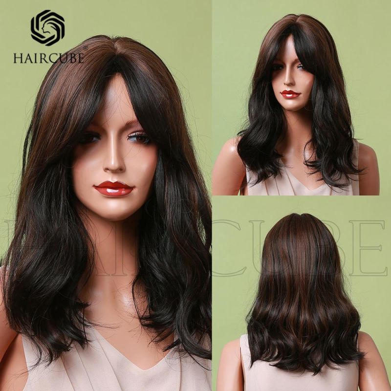 Freeshipping Synthetic Wig for Women Dark Brown Highlights Natural Hair Wig Middle Part Long Wave Wigs Heat Resistant Dropshipping Wholesale