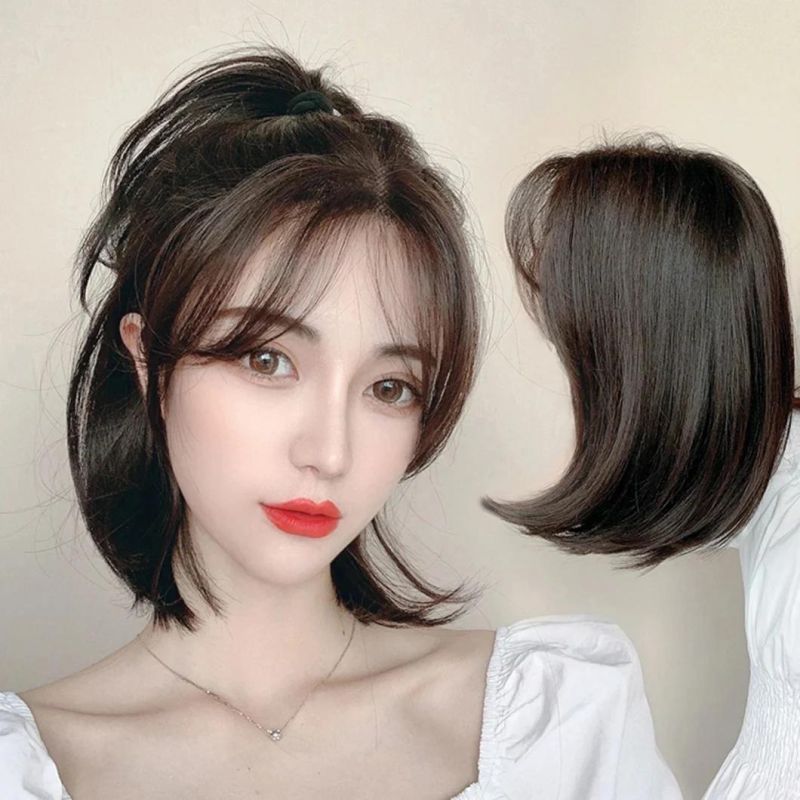 Bob Wig Female Short Hair Human Brazilian Hair Wig with Lace Front Inner Buckle Pear Flower Roll Bob Head Wigs Cover Fluffy Natural Black Wigs