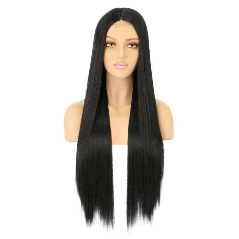 Long Silky Straight Black Natural Soft Wig Middle Part Lace Front 28 Inch Lace Hair Wigs