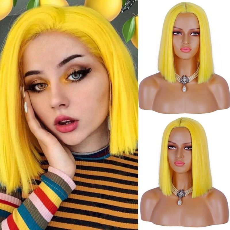 Yellow Bob Wigs with Bangs 10 Inch Yellow Straight Wig for Women Shoulder Length Girl′s Synthetic Colorful Hair for Halloween Costume Cosplay Wear